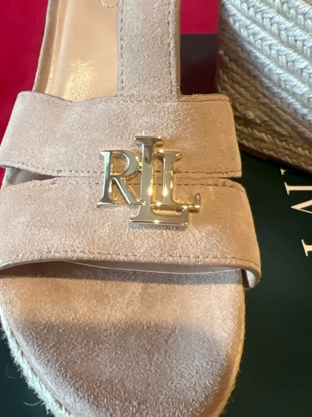 Ralph Lauren Beige Suede Wedge Espadrille Sandals with Gold RL Hardware 10B